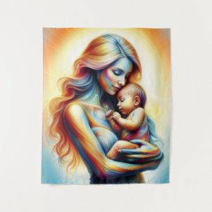 Mum holding baby luminous tender embrace art tapestry