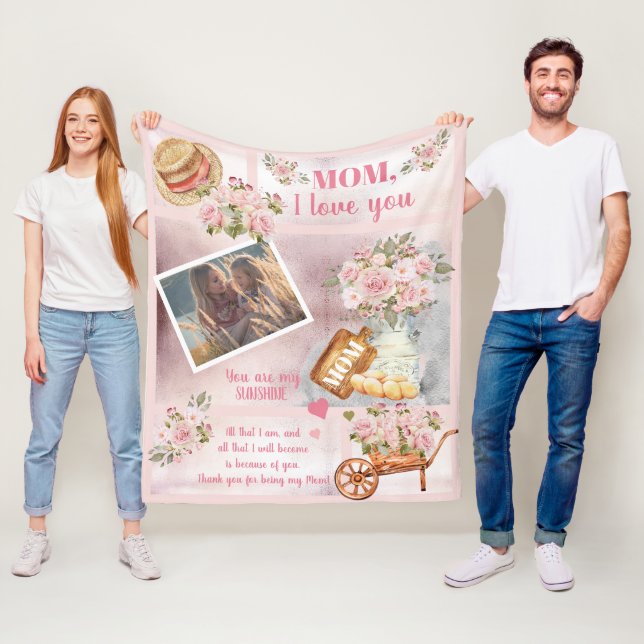 Mum I Love You Photo Pink Floral | Script Text Fleece Blanket (In Situ)