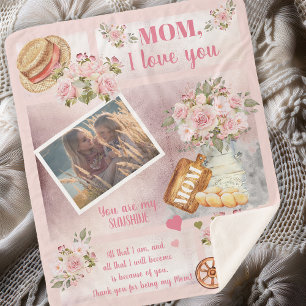 Mum I Love You Photo Pink Floral   Script Text Sherpa Blanket