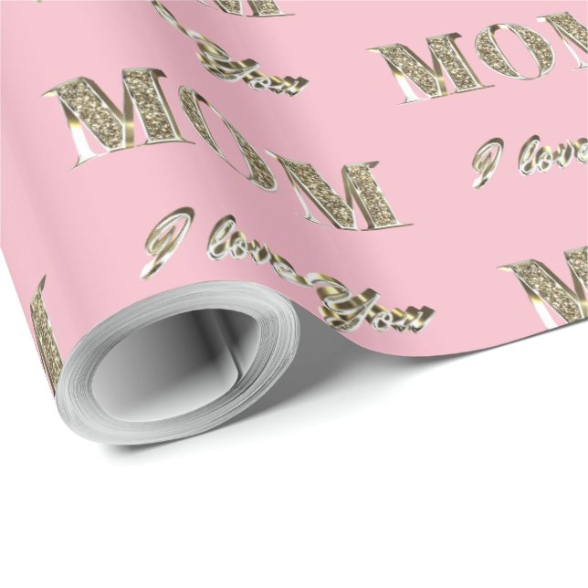 Mum I Love You Pink and Gold Sparkles Typography Wrapping Paper (Roll Corner)