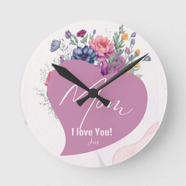 Mum I Love You Wildflowers Heart Mothers Day Round Clock (Front)