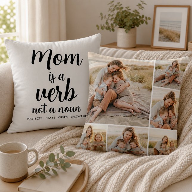 Mum Is a Verb Black Script Six Photo Collage Cushion (Creator Uploaded)