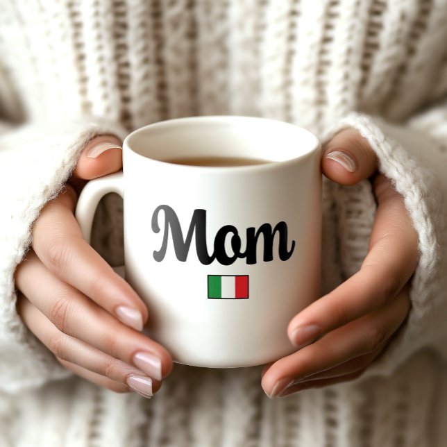 Mum Italian Flag Mug (Woman's hands holding white Mom mug with Italian flag. Great gift for mom-to-be Baby Showers)