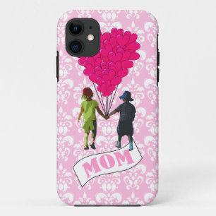 Mum, kids with heart shaped balloons iPhone 11 case