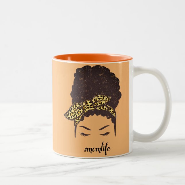 Mum Life, Black Afro Messy Bun, African American Two-Tone Coffee Mug (Right)