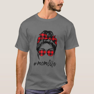Mum Life Messy Bun Hair Leopard Plaid Momlife Moth T-Shirt