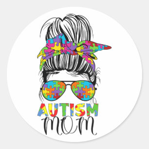 Mum Life Messy Bun Mothers Day Autism Mum Bleached Classic Round Sticker