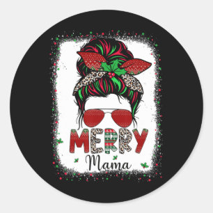 Mum Life Messy Bun Plaid Leopard Xmas Merry Mama C Classic Round Sticker