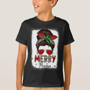 Mum Life Messy Bun Plaid Leopard Xmas Merry Mama C T-Shirt
