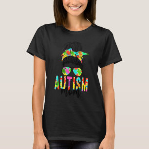 Mum Life Messy Bun   Sunglasses Bandanna Autism Aw T-Shirt