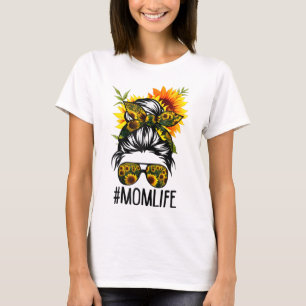 Mum Life Messy Hair Bun Sunflower Women Mother's D T-Shirt