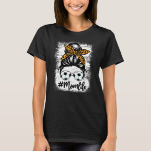Mum Life Soccer Women Leopard Messy Bun Mother's T-Shirt