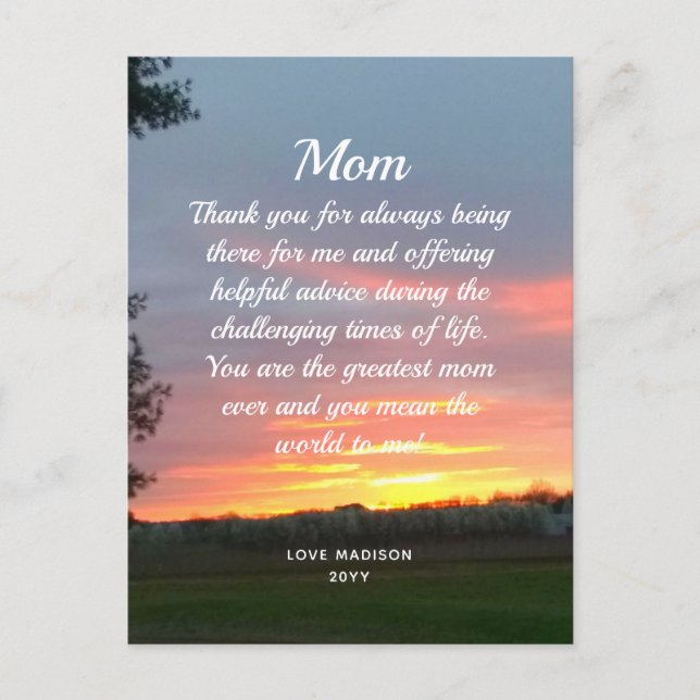 Mum Love Letter Beautiful Sunset Mothers Day Postcard (Front)