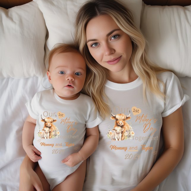 Mum Matching Highland OurFirstMother'sDay Together T-Shirt (Mom Matching. Highland Cow and baby. Our FIrst Mother's Day Together!)