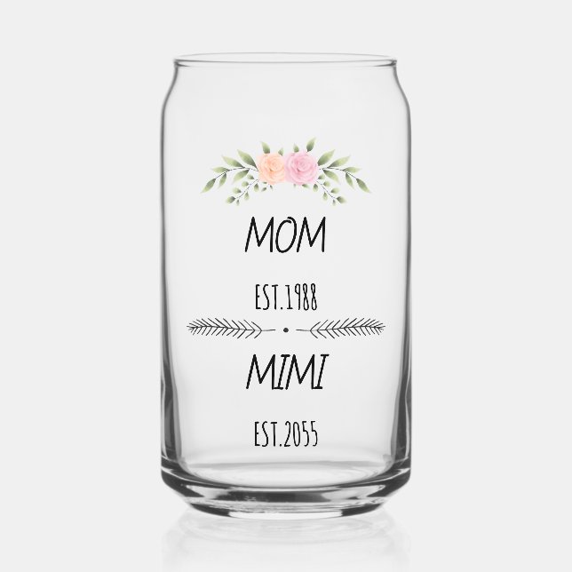 Mum & Mimi Custom Floral Family Establishe Year Can Glass (Front)