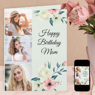 Mum Mint and Pink Feminine Floral 3 Photo Birthday Card