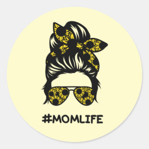 Mum #momlife messy bun sunflower classic round sticker