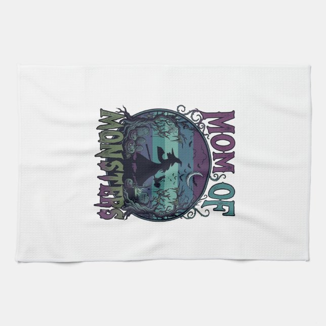 Mum Monsters Halloween Witch Moon Pumpkins Graveya Tea Towel (Horizontal)
