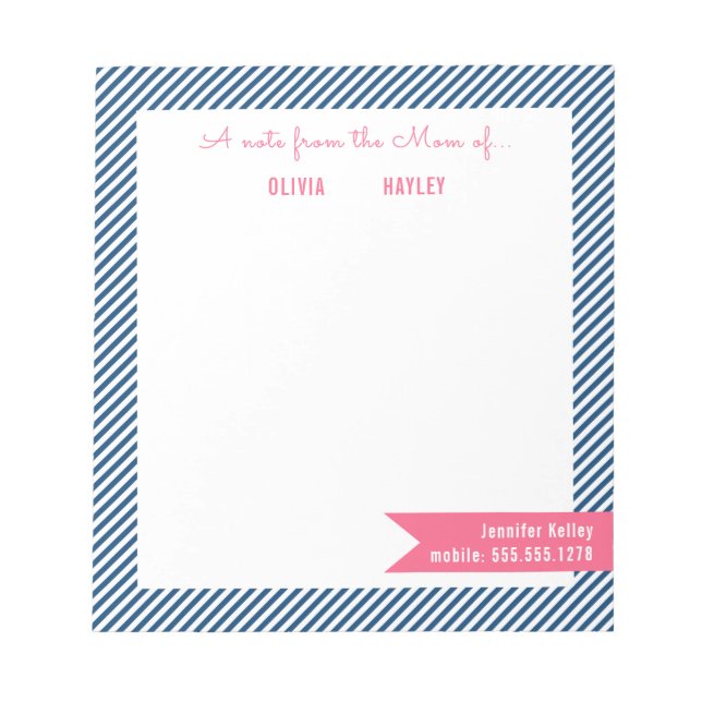 Mum Notepads, Blue and Pink Personalised Notepad (Front)