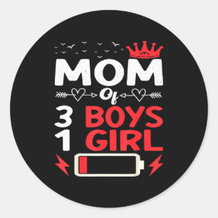 Mum of 3 boys and 1 girl battery low mother's day classic round sticker
