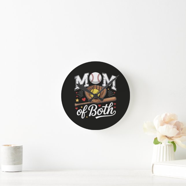 Mum of Both Game Day Baseball Softball  Round Clock (Home)