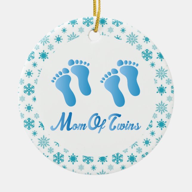 Mum Of Twins Blue Footprints Keepsake Gift Ceramic Tree Decoration (Front)