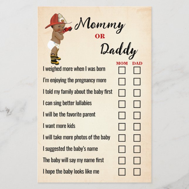 Mum or Dad AA Firefighter Baby Shower Game Card (Front)