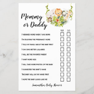 Mum or Dad Jungle Animals Baby Shower Game Card
