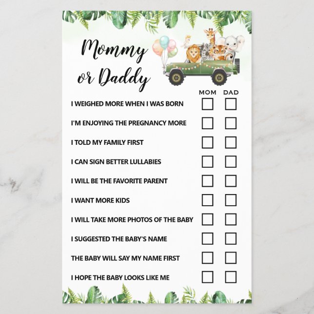 Mum or Dad Safari Animals Baby Shower Game Card (Front)