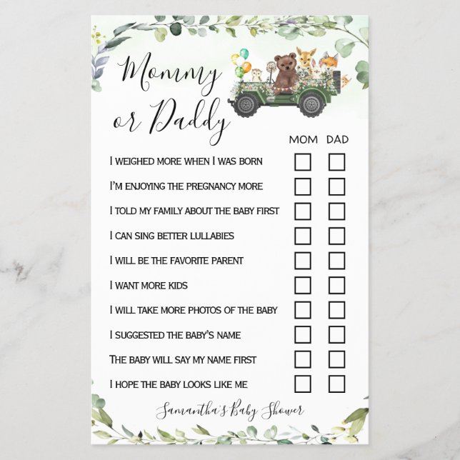 Mum or Dad Woodland Animals Baby Shower Game Card (Front)