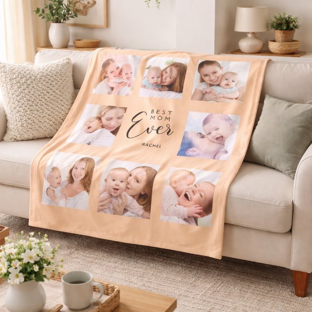 Mum photo collage peach Mother's Day Fleece Blanket (Creator Uploaded)