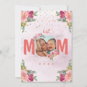 Mum Photo, Flowers And Custom Message Holiday Card