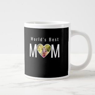 Mum Photo in Black Heart Frame Modern Text Large Coffee Mug