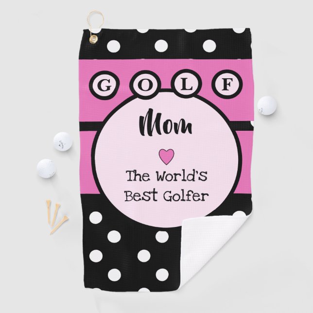 Mum pink and black with stripes and polka dots golf towel (InSitu)