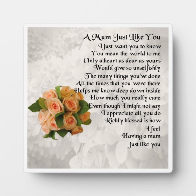 Mum Poem Plaque  -  Peach Roses  Design (Front)