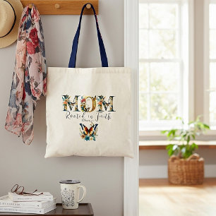 Mum rooted in faith floral butterfies tote bag