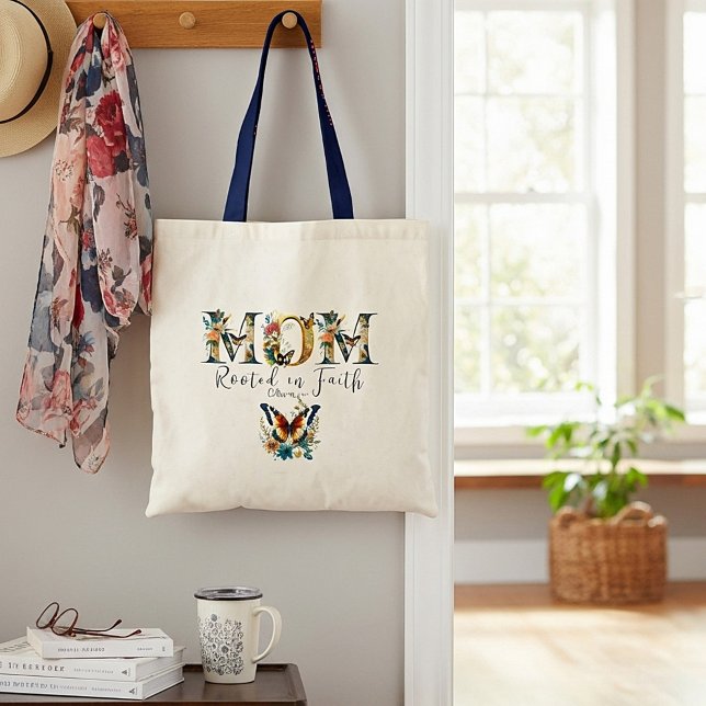 Mum rooted in faith floral butterfies tote bag (Creator Uploaded)