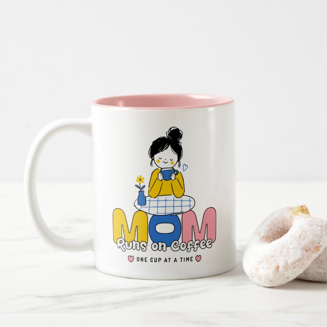 Mum Runs on Coffee Cute Retro Two-Tone Coffee Mug (With Donut)