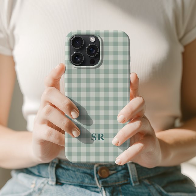 Mum | Sage Green Gingham Bridesmaid Initial Name iPhone Case (back to school gift, bridal party gift, maid of honor gift, coworker birthday gift, christmas gift)