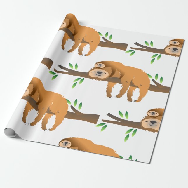 Mum Sloth and Baby Resting on a Tree Branch Wrapping Paper (Unrolled)