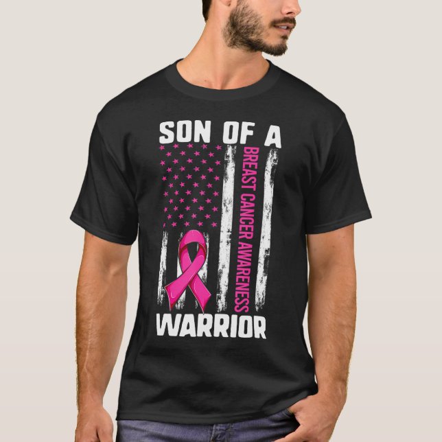 Mum Son Of A Warrior USA Flag Breast Cancer T-Shirt (Front)