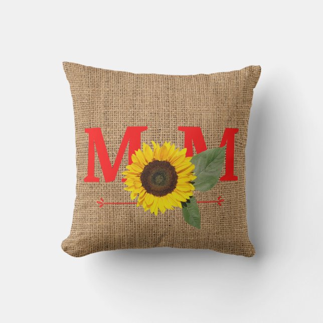 Mum Sunflower burlap print Throw Pillow (Front)