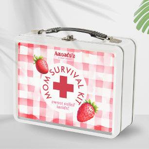 Mum Survival Kit Strawberry Gingham New Baby Gift Metal Lunch Box