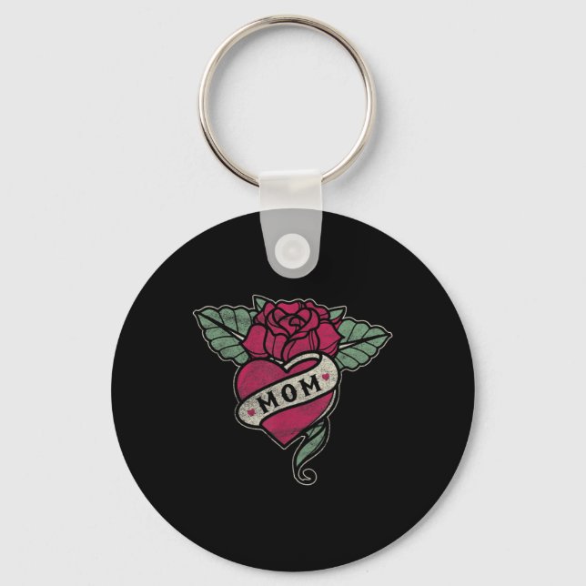 Mum Tattoo Heart Red Rose Motorcycle  Key Ring (Front)
