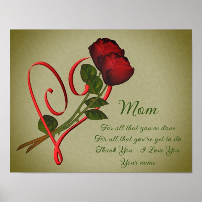 Mum Thank You Love Red Roses Heart Personalised Poster (Front)