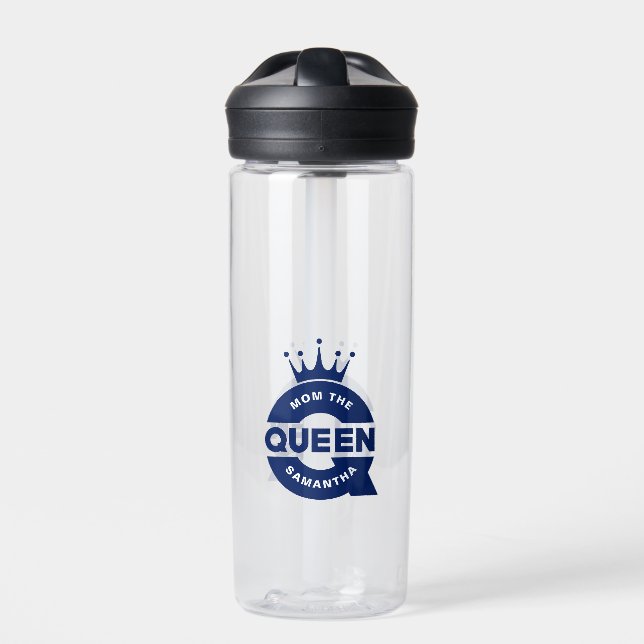 Mum The Queen Blue Creative Typography Water Bottle (Front)