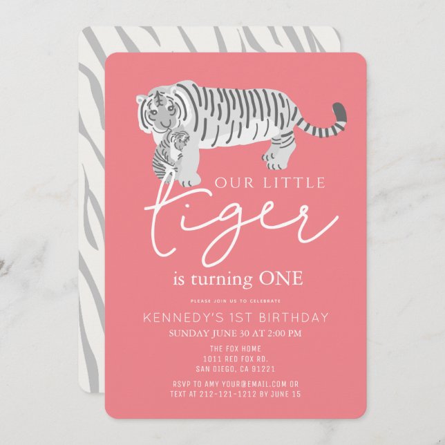 Mum Tiger & Cub Modern Pink 1st Birthday Invitation (Front/Back)