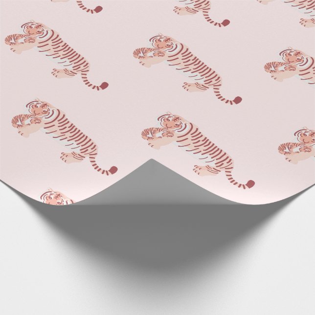 Mum Tiger & Cub Pattern Baby Pink Wrapping Paper (Corner)