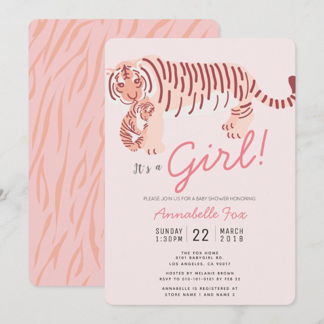 Mum Tiger & Cub Pink Girl Baby Shower Invitation (Front/Back)