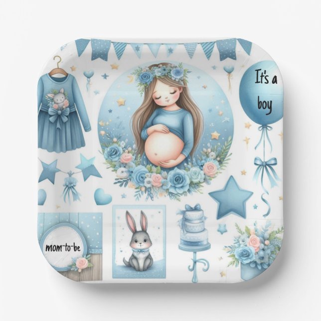 Mum to Be Boy Baby Shower Blue Paper Plate (Front)